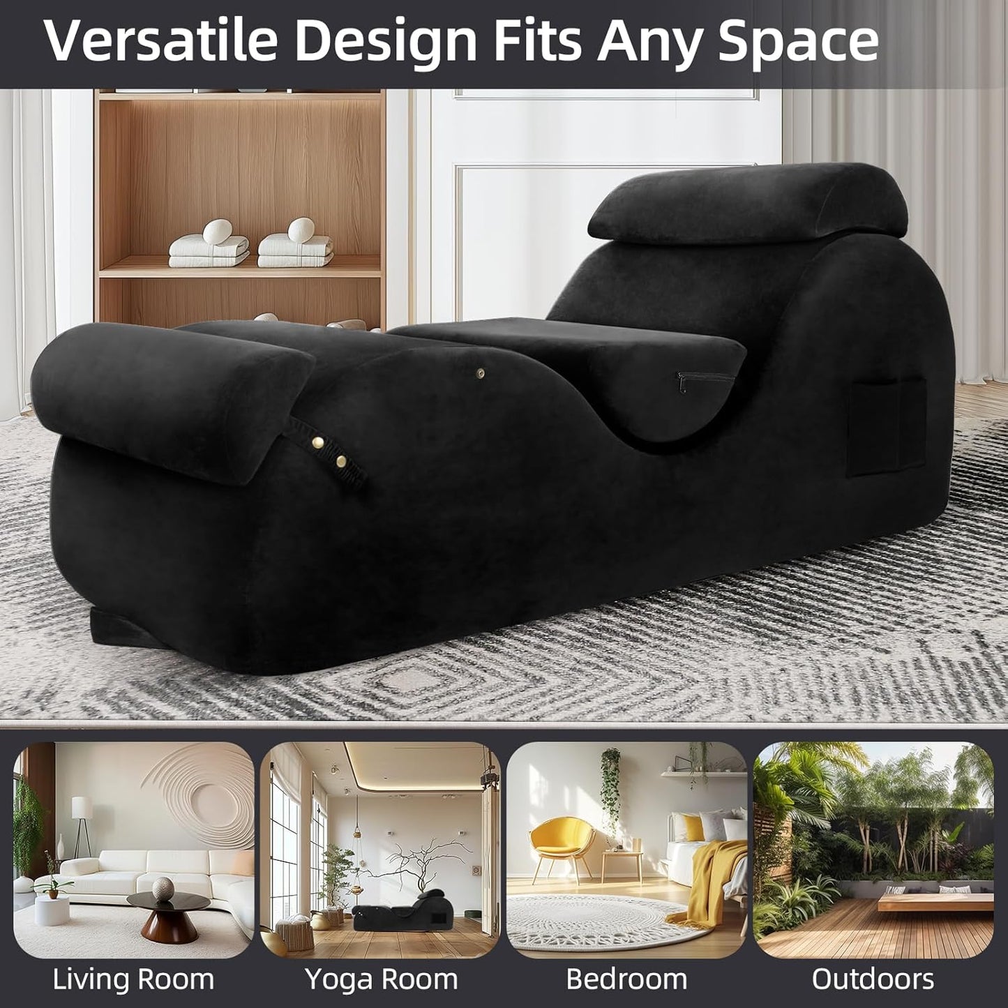 Chaise Lounge Chair for Yoga, Chaise Lounge with Headrest, Waist Pad, Foot Pad, Washable Cover Side Pockets Non-Slip Bottom, Yoga Chair for Relaxation Stretching (Black, Large)