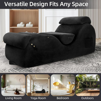 Chaise Lounge Chair for Yoga, Chaise Lounge with Headrest, Waist Pad, Foot Pad, Washable Cover Side Pockets Non-Slip Bottom, Yoga Chair for Relaxation Stretching (Black, Large)