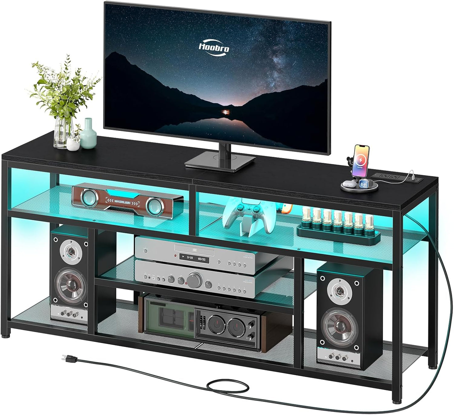 LED TV Stand with Charging Station, 4-Tier Entertainment Gaming Center, Modern Media Console Table, Open Shelves, 55.1"L X 13.8"W X 26.2"H, for Tvs up to 65", for Living Room, Black BB47UDDS01