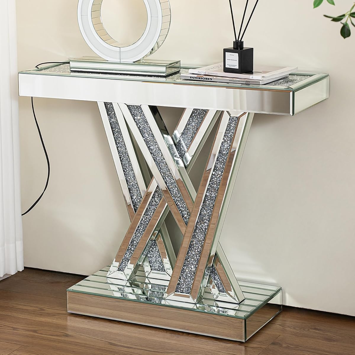 Silver Modern Console Table Mirrored, Glass Sofa Table Inlay with Crushed Crystals, 35-Inch Entryway Table with W-Shaped Base, Rectangular Accent Foyer Table for Living Room Hallway Entrance