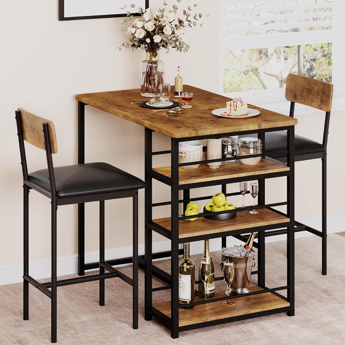 Kitchen Table Set, Dining Table and Chairs for 2 with Storage Shelf, Dining Room Table Set with 2 Upholstered Chairs, Bar Dining Table Set for Small Spaces, Apartment, Rustic Brown