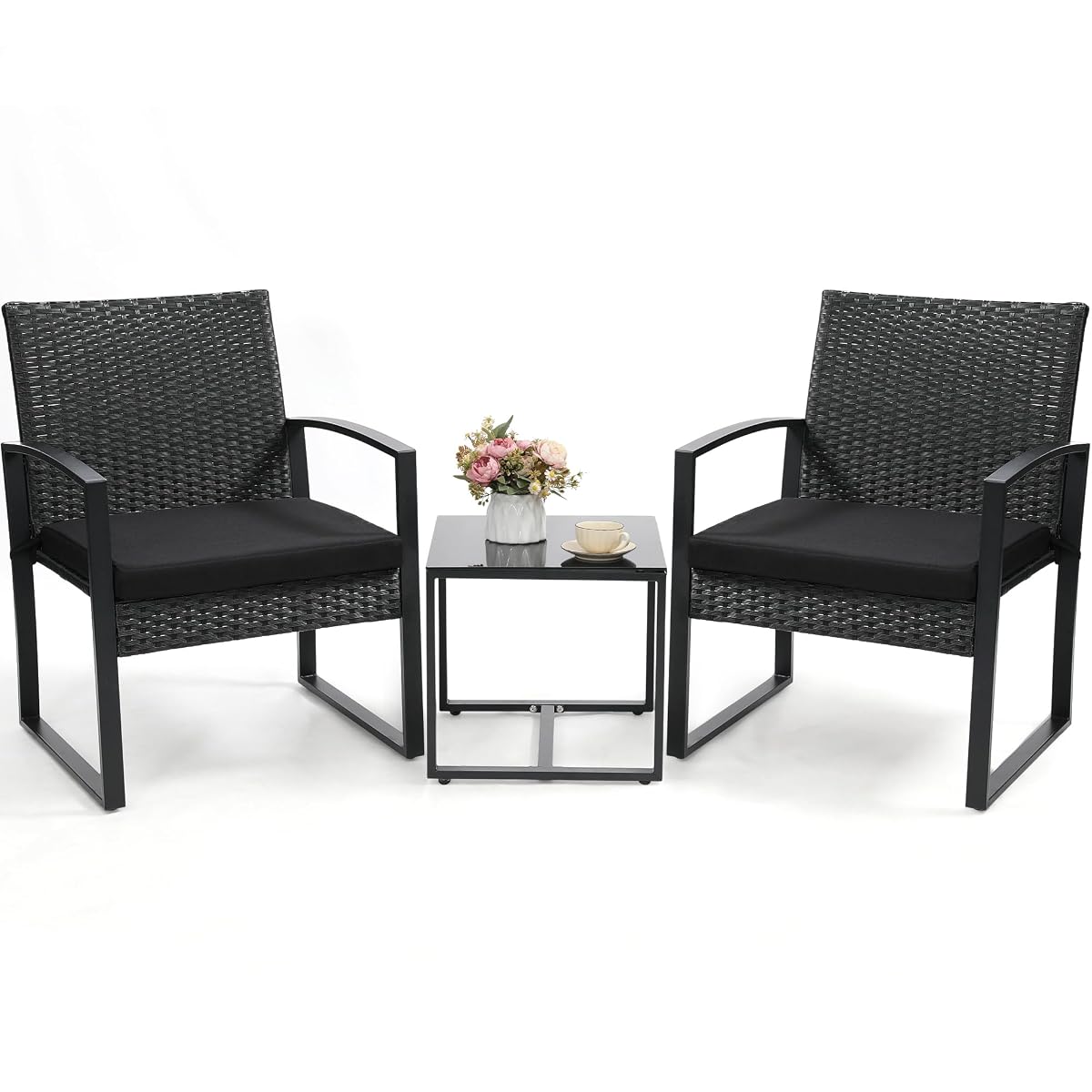 Outdoor 3-Piece Wicker Bistro Set, Rattan Patio Conversation Set with Coffee Table, for Backyard Garden Poolside, Black Frame & Black Cushion