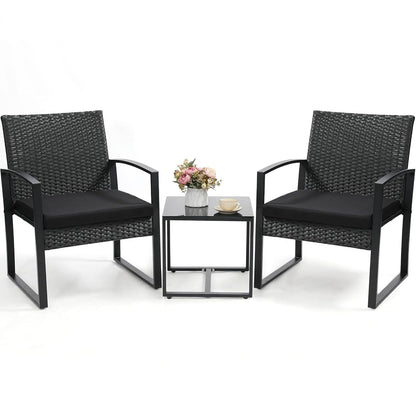 Outdoor 3-Piece Wicker Bistro Set, Rattan Patio Conversation Set with Coffee Table, for Backyard Garden Poolside, Black Frame & Black Cushion