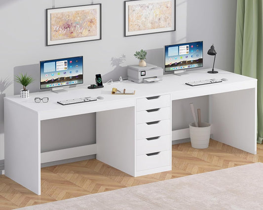 2 Person Desk with 5 Drawers and Power Outlets, 78.7 Inch Long Computer Desk with Storage File Cabinet, Two Person Home Office Double Desk with Storage, White