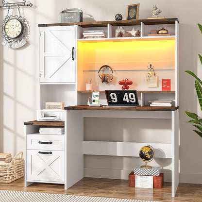 51" Executive Desk Farmhouse Home Office Desk with Charging Station, LED Light