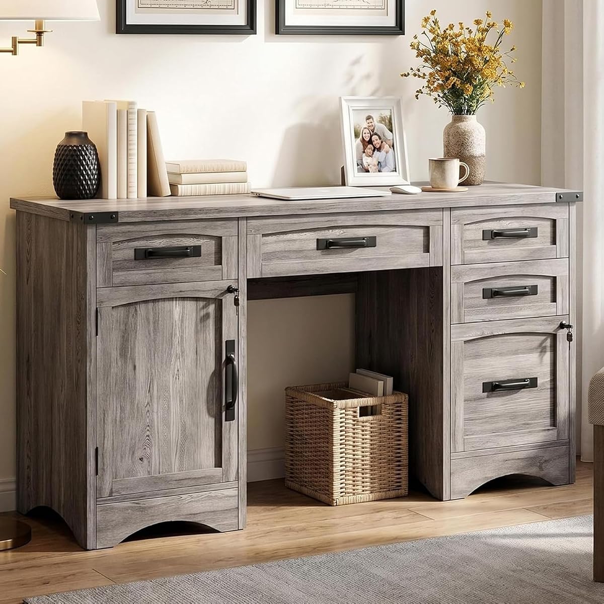 Farmhouse Computer Desk with 5 Drawers and Power Outlets