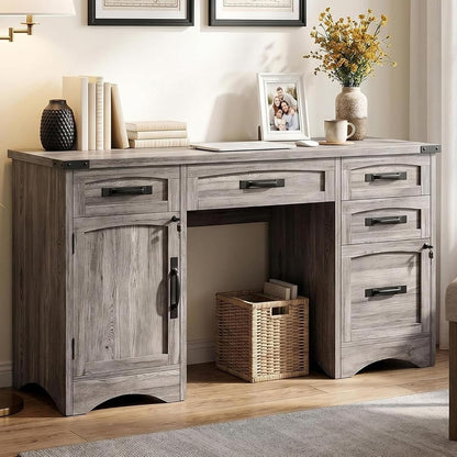 Farmhouse Computer Desk with 5 Drawers and Power Outlets