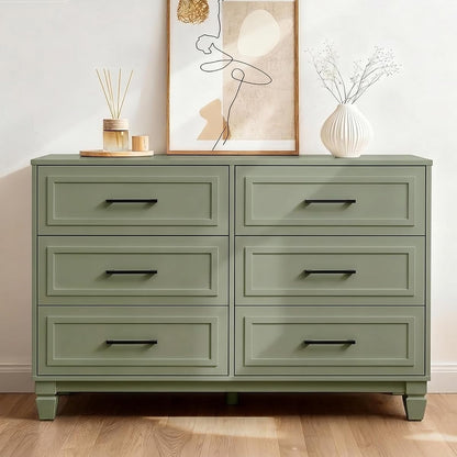 6 Drawer Dresser for Bedroom, Farmhouse Wood Wide Chest Kid Dresser, Green