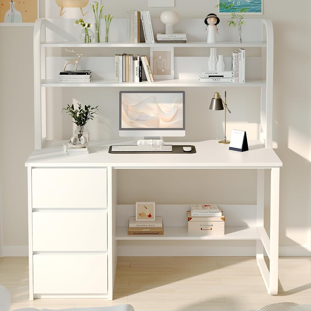White Desk with Hutch, 47 Inch Computer Desk with 3 Drawers for Bedroom