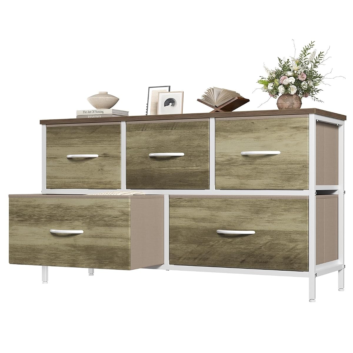 Dresser for Bedroom with 5 Drawers, Wide Chest of Drawers, Fabric Bedroom Dresser with Drawer Organizer, Storage Organizer Unit with Fabric Bins for Closet, Living Room, Hallway, Greige Oak
