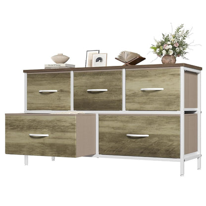 Dresser for Bedroom with 5 Drawers, Wide Chest of Drawers, Fabric Bedroom Dresser with Drawer Organizer, Storage Organizer Unit with Fabric Bins for Closet, Living Room, Hallway, Greige Oak