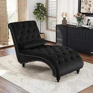 Black Velvet Chaise Lounge Indoor with Toss Pillow, view 2
