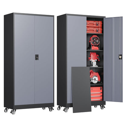 Metal Garage Cabinets with Wheels, Heavy Duty Rolling Storage Cabinet with Lock, Storage Caninet with 2 Doors and 4 Shelves, Tall Tool Cabnet on Wheels for Workshop/Home/Office-(Black Gray 75”H)