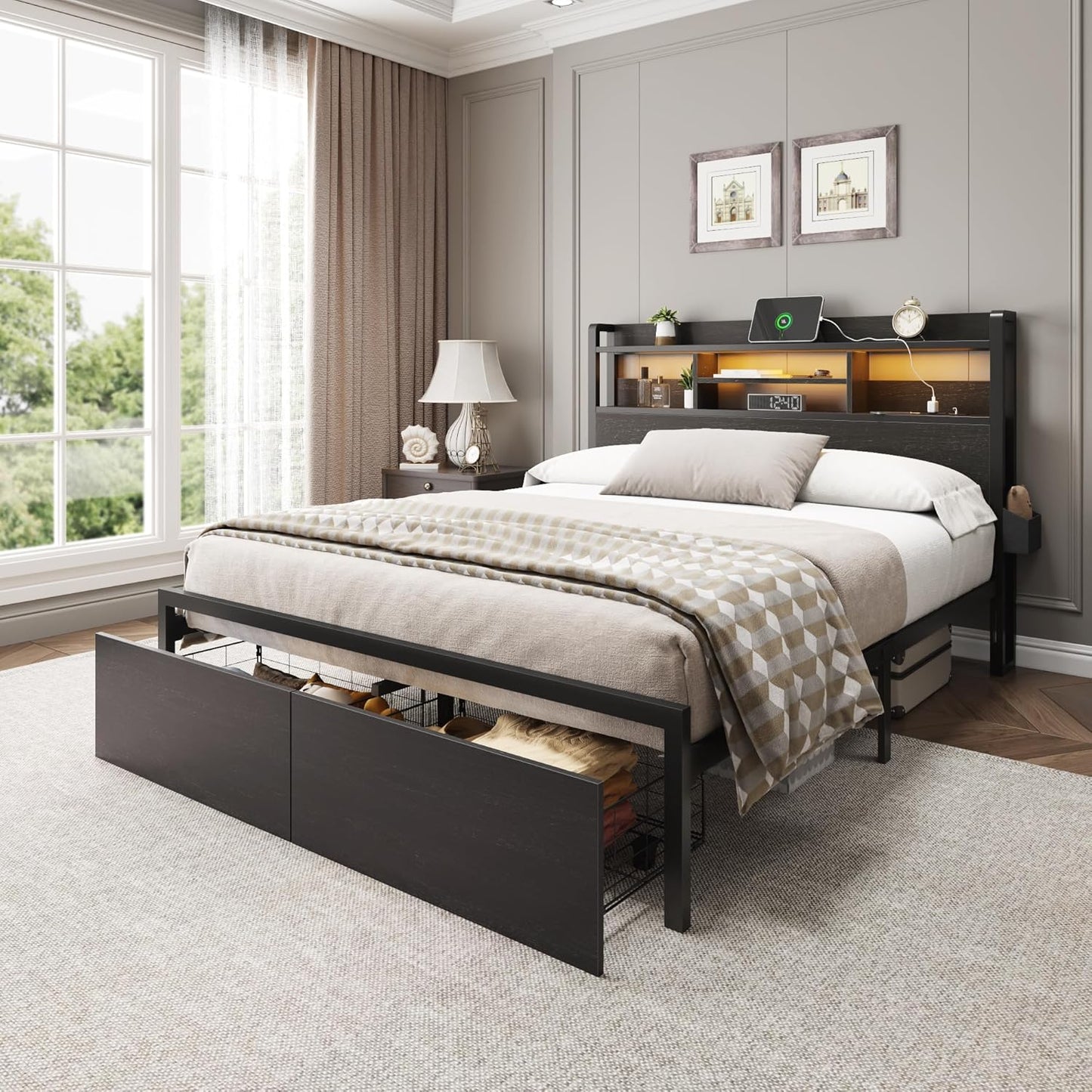 Full Size Bed Frame with Wood Headboard, Metal Platform Bed Frame Full Size with 2 Storage Drawers and Shelf, LED Lights and Charging Station, No Box Spring Needed, Noise Free, Black