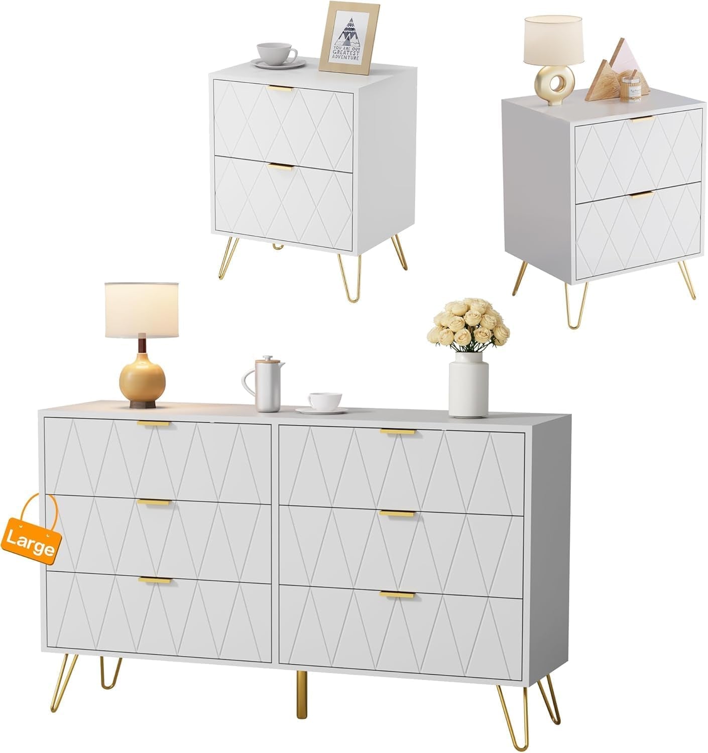 Bedroom Sets White Sets 3 Piece, Night Stand Sets and Large 6 Drawer Dresser for Bedroom, Two Drawers Nightstand Set of 2 & 6 Drawer Dresser Combo 3 Pieces (White)