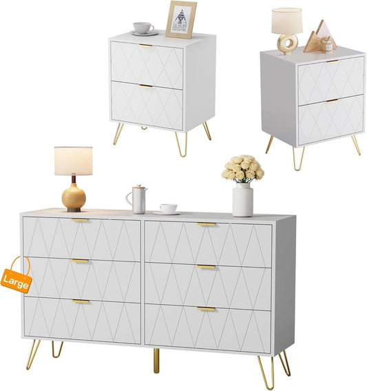 Bedroom Sets White Sets 3 Piece, Night Stand Sets and Large 6 Drawer Dresser for Bedroom, Two Drawers Nightstand Set of 2 & 6 Drawer Dresser Combo 3 Pieces (White)