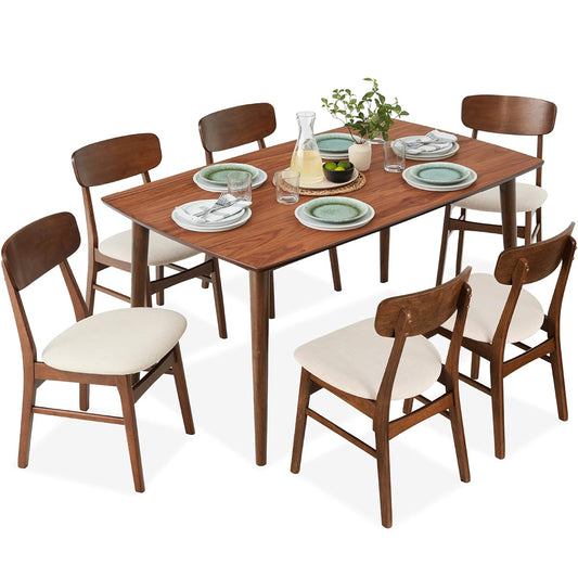 Best Choice Products 7-Piece Wooden Dining Room Table Set, Mid-Century Modern, Kitchen Table w/ 6 Chairs, Upholstered Cushions, Curved Backrests, Rounded Table Corners - Walnut/Cream