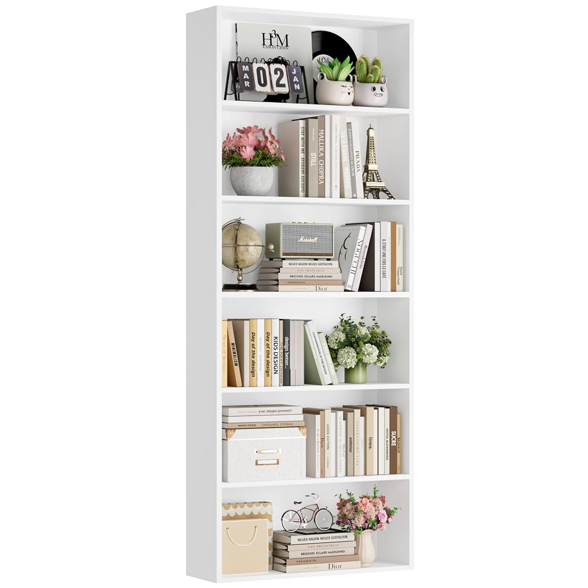 6-Tier Open Bookcase and Bookshelf, Freestanding Display Storage Shelves Tall Bookcase for Bedroom, Living Room and Office, White