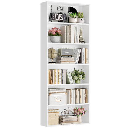 6-Tier Open Bookcase and Bookshelf, Freestanding Display Storage Shelves Tall Bookcase for Bedroom, Living Room and Office, White