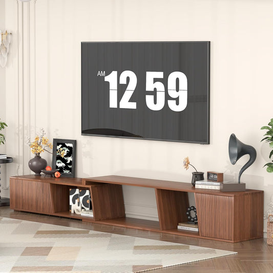 Extendable TV Stand with Sliding Doors Minimalist Rectangle, Wood Entertainment Center Walnut TV Console Table up to 110" W/Shelves Cabinet for Living Room, Bedroom (70.9”W-109”W)