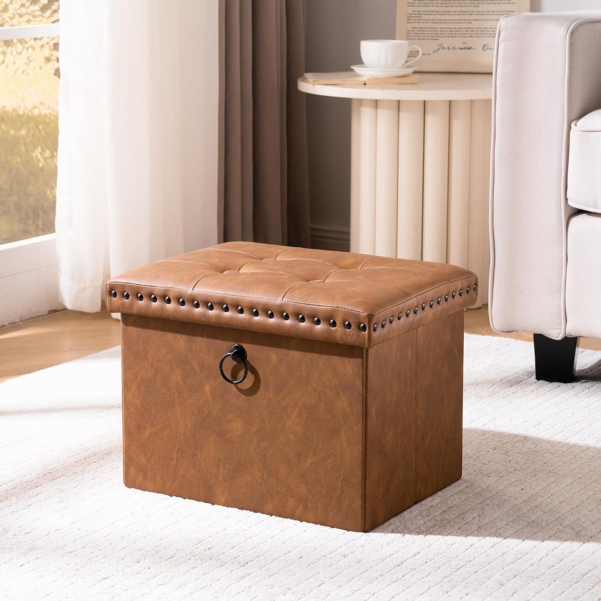Folding Storage Ottoman 16x12x12 inches, Small Faux Leather Foot Rest Stool with Button Tufted Rivet Design, Footstool Bench, Ottoman with Storage for Living Room Bedroom Coffee Table, Brown