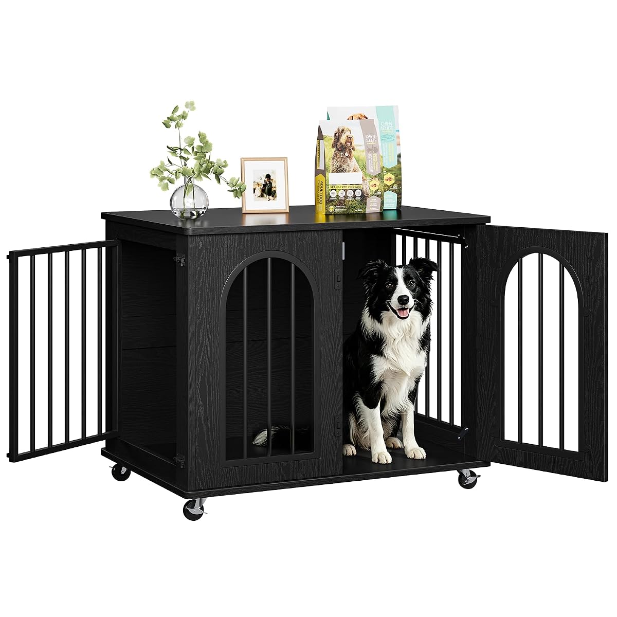 Dog Crate Furniture with Wheels - 31.5” Wooden Indoor Dog Kennel