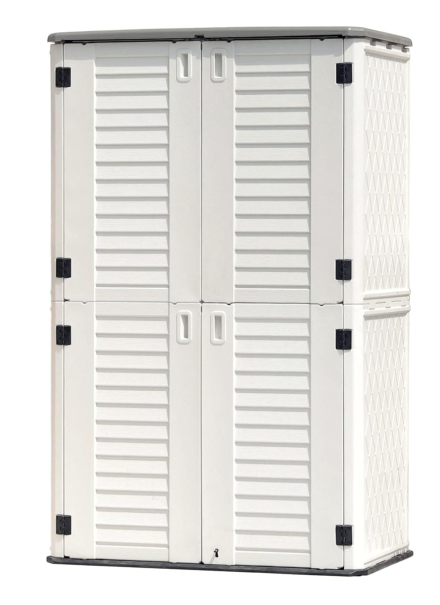Outdoor Storage Shed Waterproof, Resin Vertical Storage Cabinet Double-Layered, Versatile to Store Patio Furniture, Garden Tools, Pool Accessories,Mower (66 Cu.ft,White)