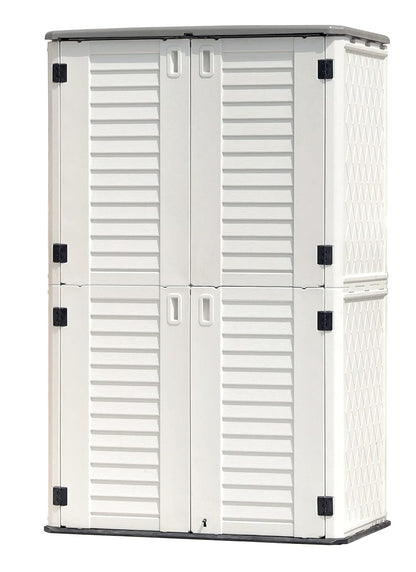 Outdoor Storage Shed Waterproof, Resin Vertical Storage Cabinet Double-Layered, Versatile to Store Patio Furniture, Garden Tools, Pool Accessories,Mower (66 Cu.ft,White)