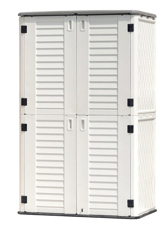 Outdoor Storage Shed Waterproof, Resin Vertical Storage Cabinet Double-Layered, Versatile to Store Patio Furniture, Garden Tools, Pool Accessories,Mower (66 Cu.ft,White)
