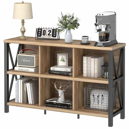 6 Cube Storage Organizer with Shelf, Long Wood and Metal Cubby Bookcase, Industrial Horizontal Bookshelf (Rustic Oak, 47 Inch)