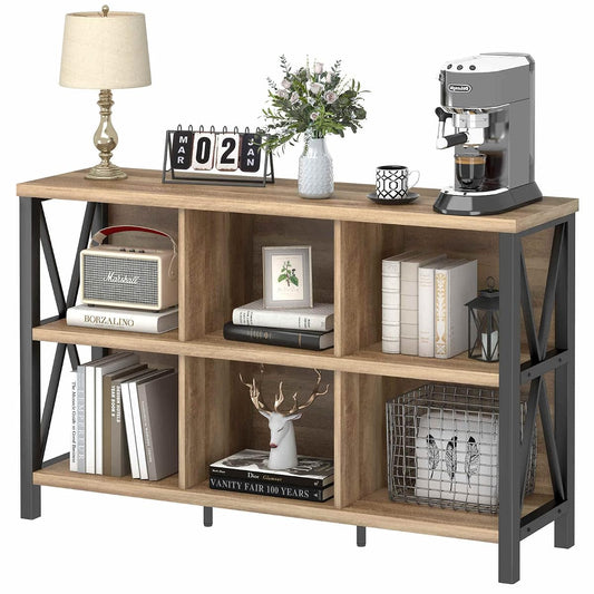 6 Cube Storage Organizer with Shelf, Long Wood and Metal Cubby Bookcase, Industrial Horizontal Bookshelf (Rustic Oak, 47 Inch)
