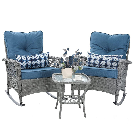 Patio Furniture Set 3 Pieces, Wicker Rocking Bistro Set with Thick Cushions, Outdoor Rocker Chairs and Coffee Table for Porch, Backyard or Garden (Blue)