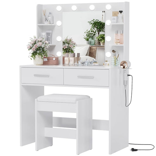 Vanity Desk with Mirror, Makeup Table, Matte White