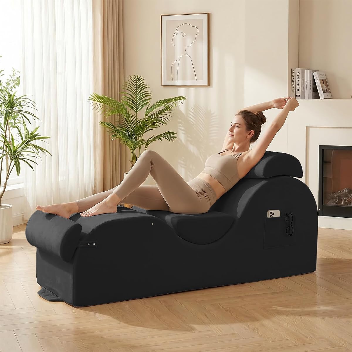 Velvet Yoga Chaise Lounge Chair Indoor with Side Pockets, Headrest