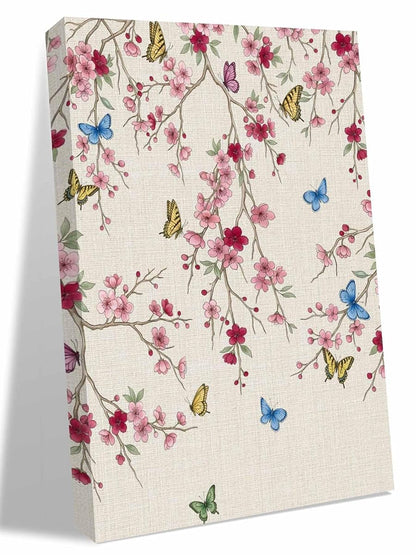 Summer Pink Flower Leaf Linen Texture Canvas Wall Art Prints,48"x32" Framed Picture Artwork Pastoral Floral Butterfly Printed Canvas Oil Painting for Living Room Bedroom Office,Ready to Hang