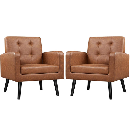 Yaheetech Mid-Century Accent Chairs, PU Leather Modern Upholstered Living Room Chair, Cozy Armchair Button Tufted Back and Wood Legs for Bedroom/Office/Cafe, Retro Brown 2 PCS