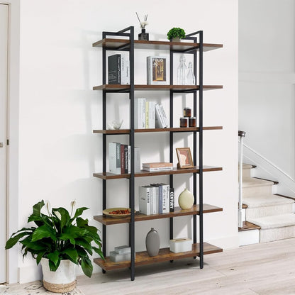 6-Tier Book Shelf, 86" H Vintage Industrial Bookcase with Open Display Shelving, Wooden and Metal Shelving Unit, Bookshelves and Bookcases, Stand Shelf for Bedroom, Home Office, Rustic Oak