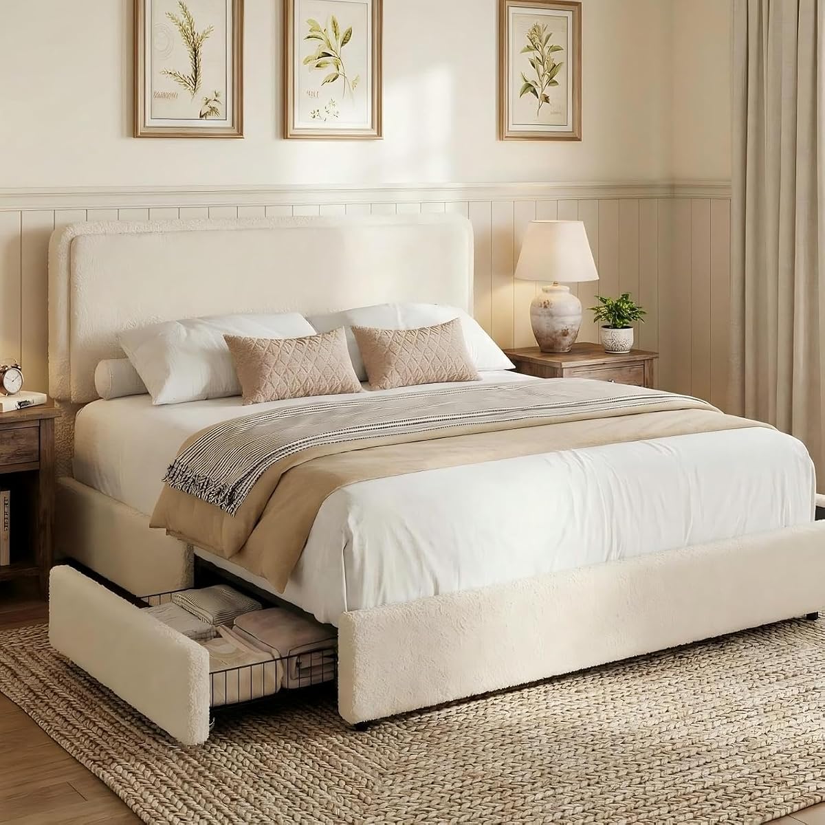 Queen Size Bed Frame with 2 Storage Drawer, Cream Beige