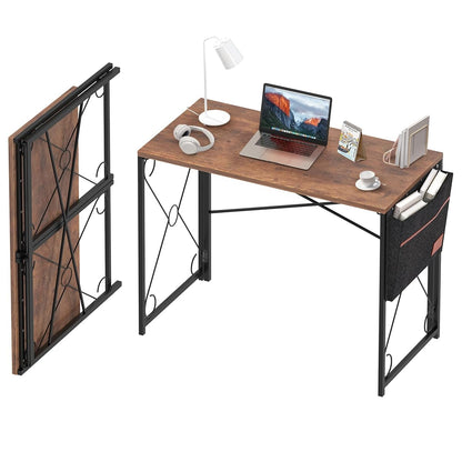 39 Inch Folding Desk Simple Assembly Desk, Writing Computer Desk for Home Office Study Office Desk Foldable Table for Small Spaces, Brown