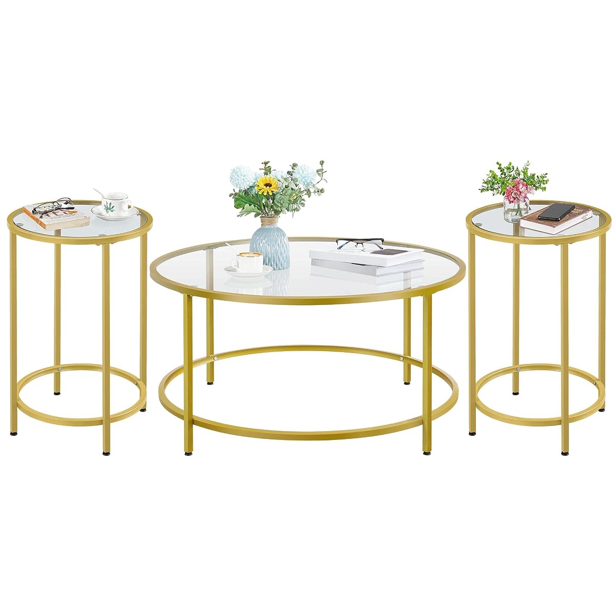 Yaheetech Coffee Table Set of 3, Round Coffee Table & 2pcs Accent End Table Easy Assembly w/Glass-Top Surface & Reinforced Frame for Living Room,Apartment,Small Space,Mustard Gold