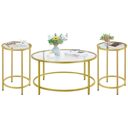 Yaheetech Coffee Table Set of 3, Round Coffee Table & 2pcs Accent End Table Easy Assembly w/Glass-Top Surface & Reinforced Frame for Living Room,Apartment,Small Space,Mustard Gold