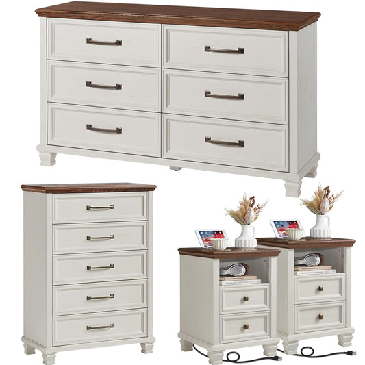 Farmhouse Bedroom Dresser and Nightstand Sets 4 Piece, 5/6 Drawer Dresser & 2 Drawer Nightstand Set for Home, Bedroom, Hallway, White