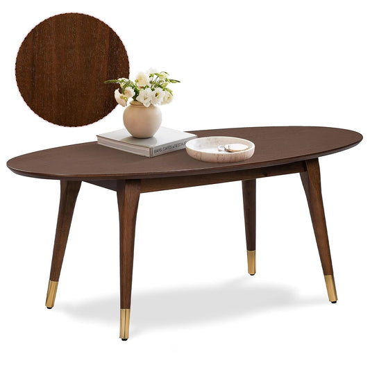 Clemintine Oval Coffee Table, Mid-Century Modern Wood Cocktail Table with Walnut Brown Finish and Brass-Capped Legs for Living Room