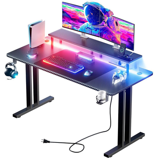 55 Inch Gaming Desk with LED Lights & Cable Management, Black