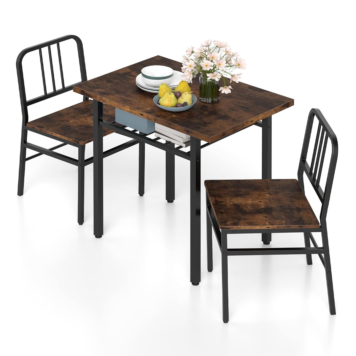 3-Piece Dining Table Set, Rectangular Kitchen Table with Storage Rack and 2 Dining Chairs, Heavy-Duty Metal Frame, Space-Saving Dinette Set for Breakfast Nook, Apartment (Brown + Black)
