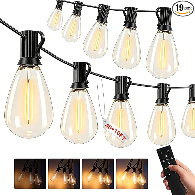 50FT Outdoor String Lights, 15m Waterproof Remote LED Patio Lights with 19+1 S11 Bulbs 10FT Extension Cable, Dimmable Outside Hanging Lights for House, Porch,Yard,Garden,Bistro, Gazebo lighting