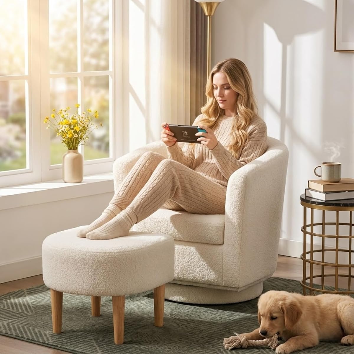 White Swivel Accent Chair with Ottoman, Modern Barrel Living Room Chair with 360° Swivel Base, Upholstered Armchair for Bedroom, Reading, Small Spaces