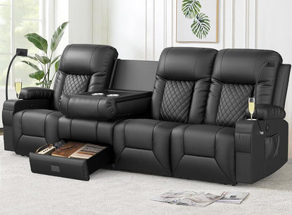 Recliner Sofa, Modern Dual Reclining Sofa with Flip Back Console, 4 Seater PU Leather Recliner Couch for Living Room/RV, with Storage Drawer, USB Ports, Cup Holder, Cell Phone Holder, Black