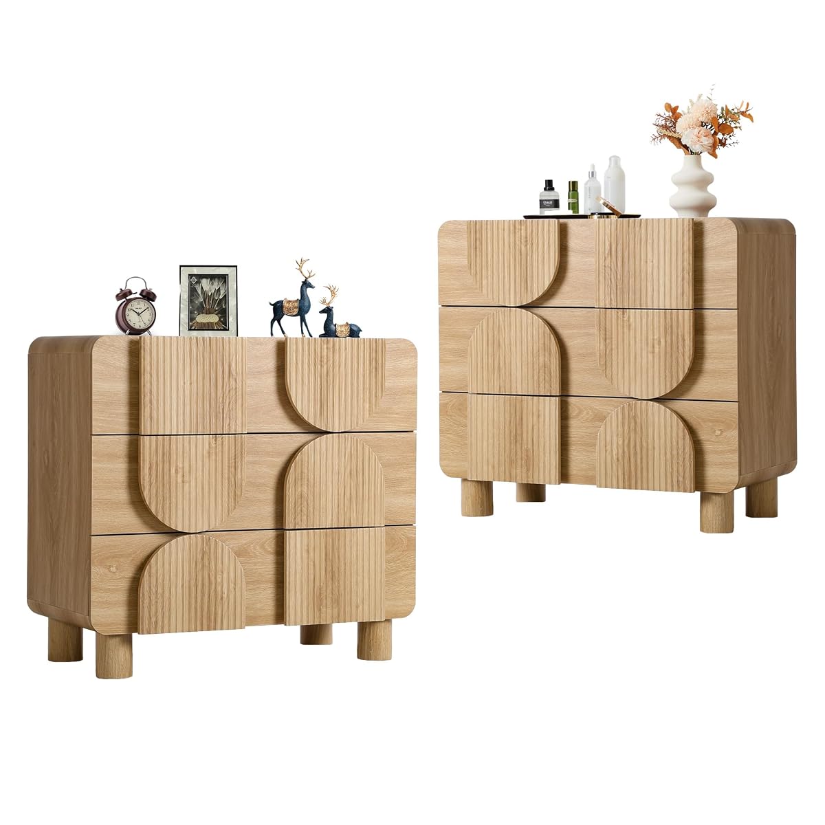 3 Drawer Dressers for Bedroom, 31.5" Wide Large Mid Century Modern Fluted Nightstand 2 Sets, Wood Dresser & Chest of Drawers with Curved Profile for Living Room, Entryway, Hallway Natural