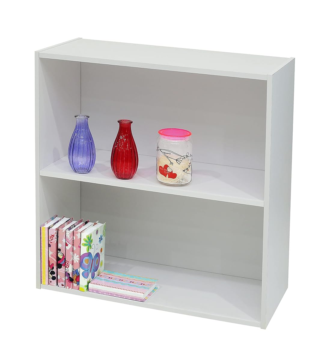 2 Tier Open Shelf Bookcase Storage Organizer, White Wood, Contemporary.